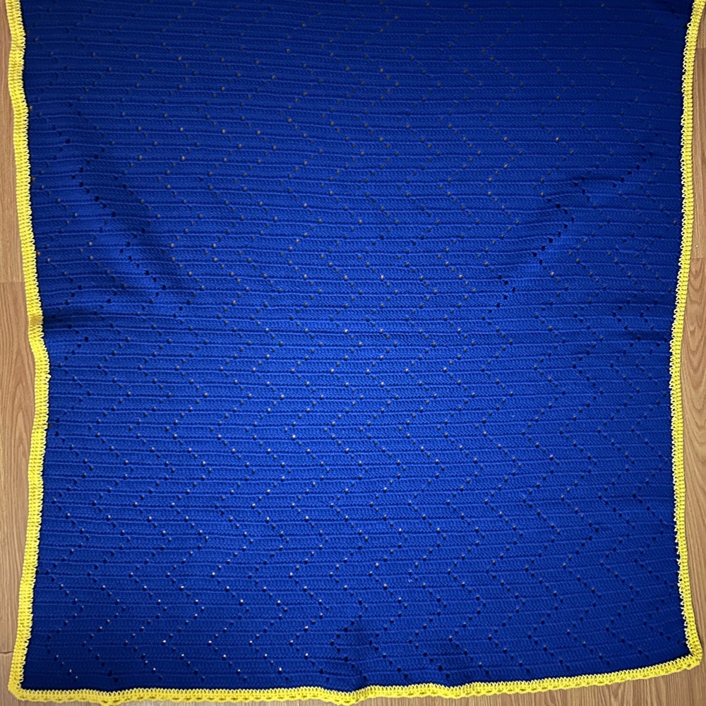Handmade Knit Blanket in Royal Blue with Yellow Edge